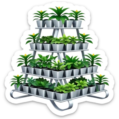 Very Large alien-futuristic multi-tier multi-level square-sided plant rack, which holds thirty-five plants, constructed from plywood sticker