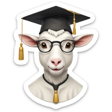 A minimalistic and cartoonish bust of a goat wearing a classic graduation cap (mortarboard) with a tassel hanging slightly to one side. The goat has a confident yet slightly goofy expression, with small round glasses on its nose to emphasize intelligence. It is dressed in a simple academic gown or a collar with a red bow tie for a scholarly look. The background is plain white to keep the focus on the character. The design is sleek, modern, and fun, with smooth lines and soft shading. sticker