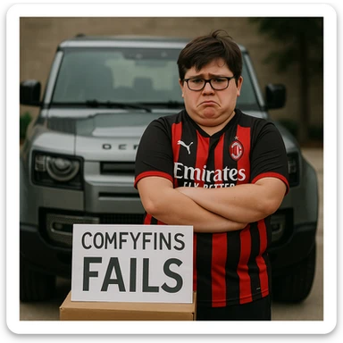 A slightly overweight child entrepreneur with glasses, wearing an AC Milan jersey, standing before a Land Rover Defender, appearing upset as his company 'ComfyFins' fails sticker