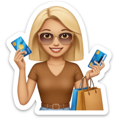 light skin woman with sunglasses, holding a credit card and shopping bags sticker