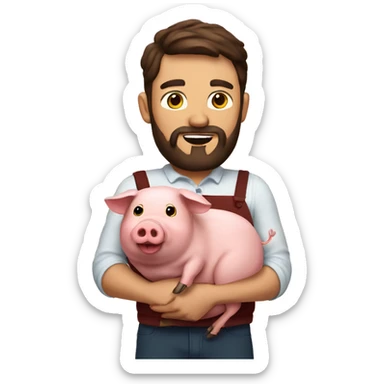 Brunette man with beard holding a pig and has a lot of bacon around  sticker