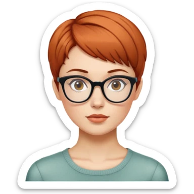 woman with auburn pixie cut (side part), rectangular glasses, neutral expression sticker