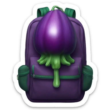 a dark green canvas backpack with a single, ripe eggplant resting on top sticker