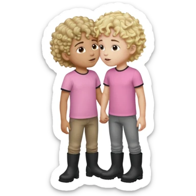 Two boys, one wearing all pink with curly brown hair and one blonde wearing a gray t shirt and black boots, they are kissing  sticker