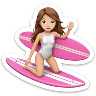 Girl with long brown hair surfing at pink short board in the white swimsuit  sticker