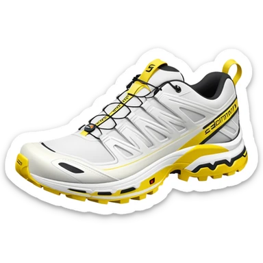 Clean white Salomon XT-6 with only a yellow colored stripe running through the center, one shoe positioned behind the other, entirely white except for the colored middle line sticker