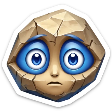 A single sapphire-blue faceted rock head, chunky and worn, with very visible big cracks and chipped facets but still shiny, big kind eyes sticker