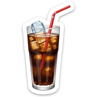 a transparent glass of cola with ice and a straw sticker