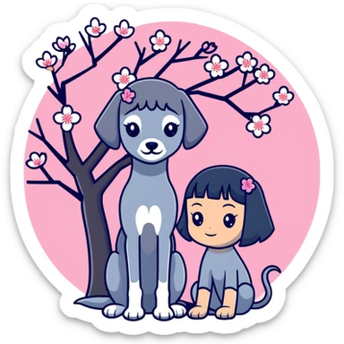 A young Chinese girl with long black hair and a pure dark grey Italian Greyhound with absolutely NO white markings anywhere on its body sitting under a cherry blossom tree. The dog must be completely solid dark grey with no white on muzzle, paws, or chest. sticker