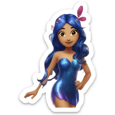 Musa asian adult fairy of music in her enchantix fairy red sparkling two-piece clothing and fairy enchantix wings and long dark blue hair from winx club. Lots of sparkles and fairydust. Full body pic and full fairy bliss sticker