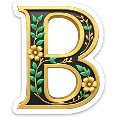 Shiny nlack letter B outlined with hold and a gold flowervine around the left side sticker