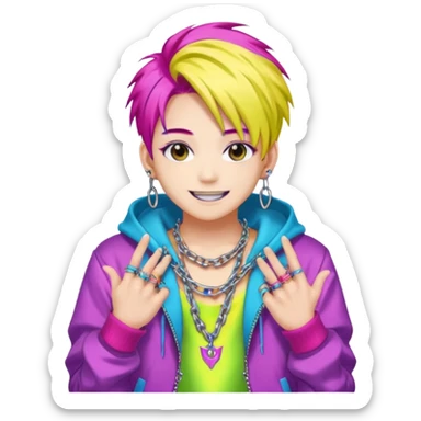  portrait-of-young-monster-idol-in-kpop-style,-wearing-flashy-streetwear-outfit,-colorful-dyed-hair,-confident-pose,-accessorized-with-chains- sticker