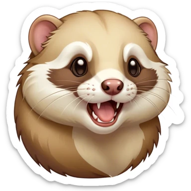 Cinematic Cute Yawning Ferret Portrait Emoji, Head tilted slightly with an exaggerated, wide-open yawn, showcasing a long, flexible body with a plush coat in soft brown and cream, droopy, drowsy eyes, and a relaxed expression, Simplified yet irresistibly endearing features, highly detailed, glowing with a soft, cozy natural glow, high shine, relaxed yet expressive, stylized with a dash of whimsical charm, soft glowing outline, capturing the essence of a sleepy yet affectionate ferret that seems ready to curl up for a nap! sticker