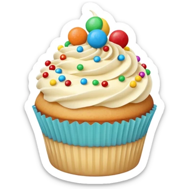 a soft vanilla cupcake with creamy frosting, decorated with scattered small, round, brightly colored candy-coated chocolates on top sticker