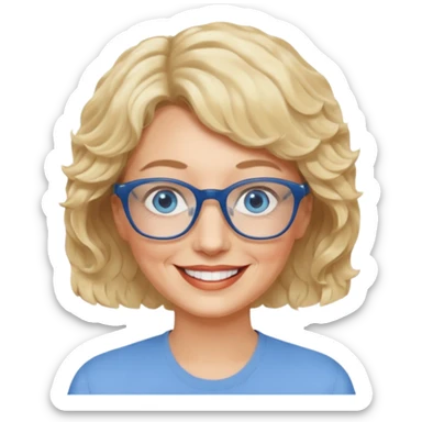 woman 60 very short weavy blonde haire, rectangle glases, blue eyes sticker