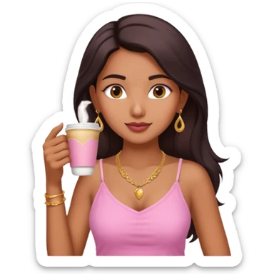 a pretty fair indian bratz girl with a pink cami top, drinking takeaway coffee, golden dainty necklace sticker