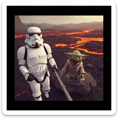 Camera POV, Starwars stormtroopers vlogging selfie, he is walking on lava planet with yoda sticker