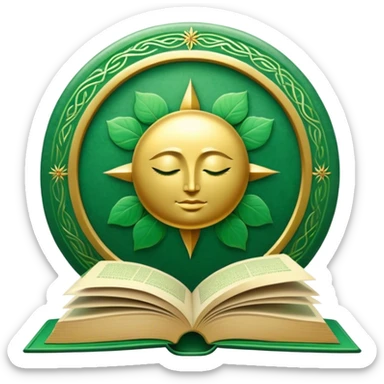 Un libro verde esmeralda con detalles dorados y una textura suave, con un círculo zen, un rayo de luz o un loto en la portada, irradiando presencia, calma y despertar espiritual. ☀️🌀🌿 sticker