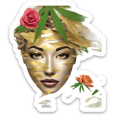  Hemp 420 lady face melting gold drizzle kintsugi multicoloured funky palm leaves tropical made of 420 origami newspaper roses hemp leaves bokeh and paper and hemp leaves in hair sticker