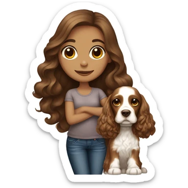 Beautiful stylish girl with with long brown hair holding on her arms English Cocker Spaniel sticker