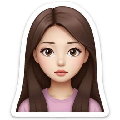 “korean straight long brown hair Emoji girl, soft eyeliner and blush, gradient lips, light brown shimmer eyeshadow sticker