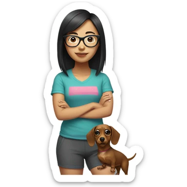 Short asian girl with glasses wearing workout shorts and tshirt and crocs holding a dachsund sticker