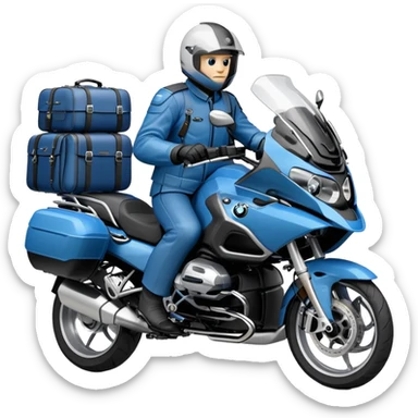 blue BMW R 1200 RT touring motorcycle with rider and luggage panniers sticker
