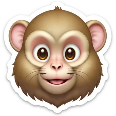 Cinematic Cute Macaque Portrait Emoji, Head tilted playfully and inquisitively, with a charmingly mischievous face accented by soft, fuzzy fur and round, sparkling eyes filled with curiosity, Simplified yet irresistibly adorable features, highly detailed, glowing with a warm, friendly glow, high shine, affectionate and lively, stylized with a touch of primate whimsy, bright and endearing, soft glowing outline, capturing the essence of a playful macaque that seems as if it could jump out of the screen into your arms! sticker