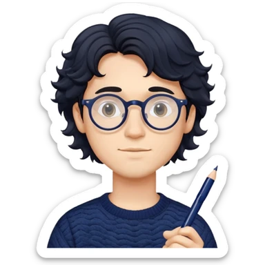 Young creative man with round glasses, wavy black hair, navy blue sweater, with pen in hand sticker