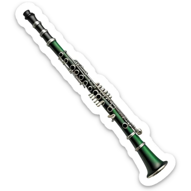 Create an elegant and refined emoji representing A clarinet. The design should showcase the sleek, black wood finish of the clarinet with its shiny metal keys and elegant detailing. Include the distinct, high-quality features of the Green Line model, such as the unique greenish tint of the wood, giving it a modern and sophisticated look. Add subtle elements like the mouthpiece with the reed, emphasizing its importance in sound production. Use dark tones like ebony, silver for the keys, and soft light reflections to evoke a professional, classical feel. The background should be transparent. sticker