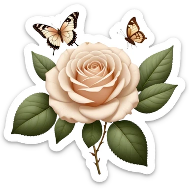 white Ascott tea rose next to a beige aesthetic vintage style leaf and a brown beautiful butterfly sticker