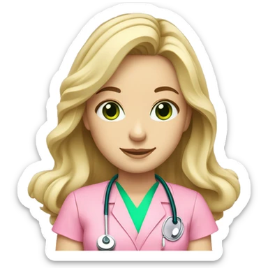 pale blonde girl with long wavy hair and green eyes wearing pink scrubs and stethoscope  sticker