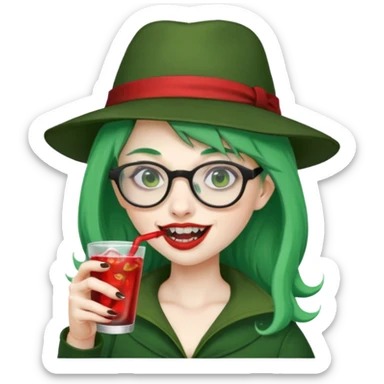vampire green hair Drink holders with hat, wearing glasses, female,,teeth looks like vampire sticker