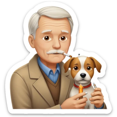 Old white man smoking a cigarette with a dog beside him  sticker