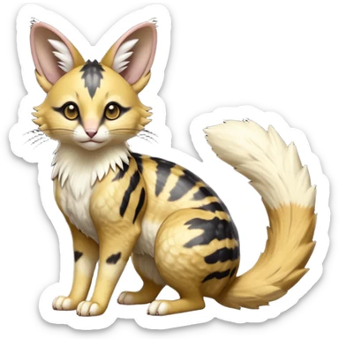 Hyper realistic  obsidian fur etched with molten gold fault-lines and dark mirror shine beautiful elegant pretty precious cute  Fakémon-Pokémon-opossum-feline-serval-caracal-chinchilla-Furret-Minccino-hybrid-creature with a big fluffy bushy tail (full body) sticker