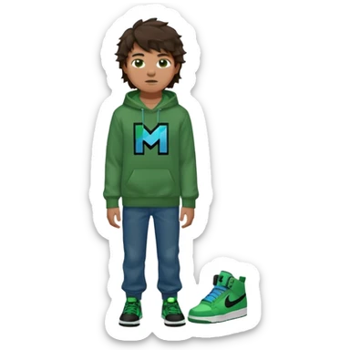 a 14 year old slightly tanned teenage boy with dark brown tousled wavy hair, dark brown eyes wearing a green tshirt, a dark green minecraft hoodie, blue jeans and green nike air jordans sticker