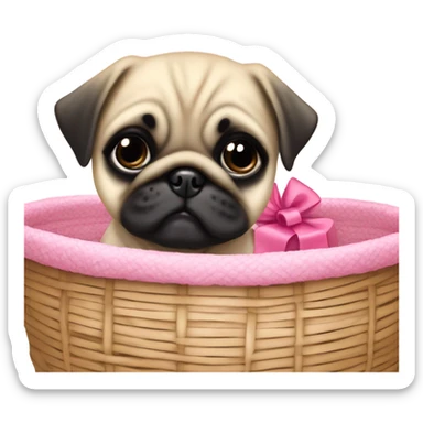 Baby pug with big pink
eyes wearing a pink bow sitting in a dog basket  sticker