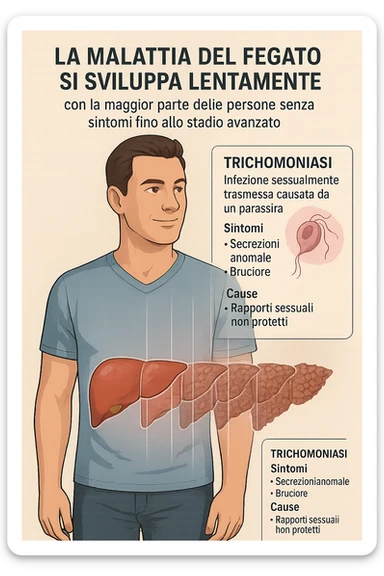 "Healthy-looking man unaware that liver disease develops slowly with most people having no symptoms until late stage A sexually transmitted infection caused by a parasite-Trichomoniasis - Symptoms & causes - Mayo Clinic, expression of false confidence in his health, transparent liver overlay showing progressive damage despite feeling normal, time-lapse visualization of gradual liver deterioration in italiano sticker
