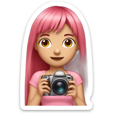 girl with long, straight rose hair and fringe and holding camera and wearing pink bralette sticker