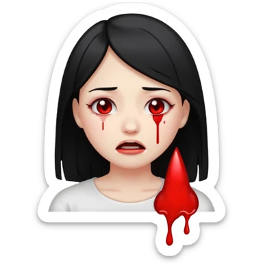 close-up face of pale girl with black straight hair, crying blood, emoji style sticker