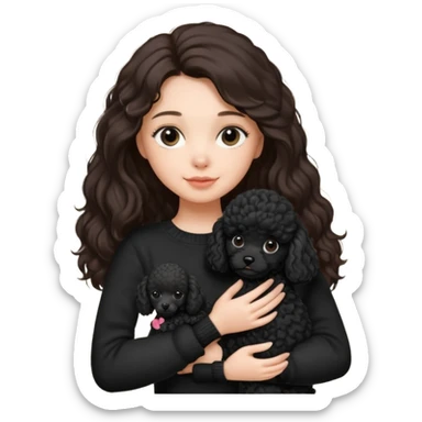 One Brunette girl with long hair in a black sweater holds a single black Poodle puppy in her arms sticker