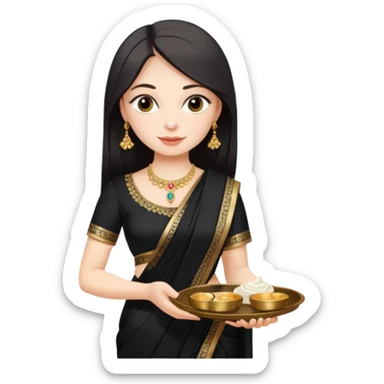 Russian girl in Indian black saree with full image from head to leg and holding a cream colour small tray in her both hands sticker