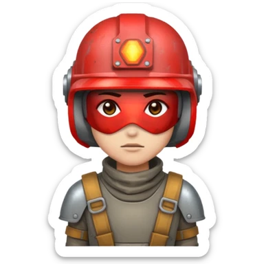 A tiny 2D pixel-art human survivor, wearing a grey scrap-metal helmet, red glowing visor, post-apocalyptic style, standing forward emoji. sticker