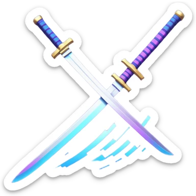 Animated emote: Katana breaking into pixels (purple/blue glitch effect). Loopable 3-frame animation. Minimalist, no background. sticker