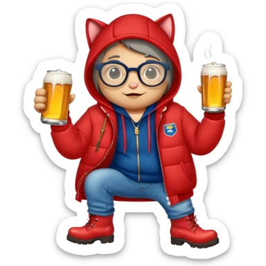 Catfish in red winter jacket with hood, round glasses, blue jeans, red boots, holding a beer can with red label sticker