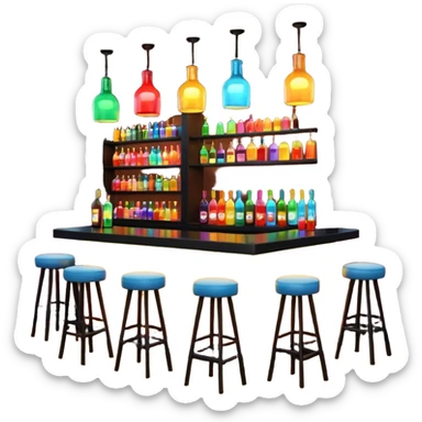 A 3D cartoon bar interior with a counter, glowing shelves of colorful bottles, tall stools, and hanging lights, warm ambient lighting, realistic reflections, Memoji-style. Photo Frame. Negative : Transparent. sticker
