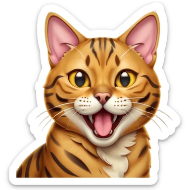 Cinematic Comical Bengal Cat Portrait Emoji, Head tilted dramatically while yawning exaggeratedly, sleek spotted brown and gold fur, Simplified yet hilariously adorable features, highly detailed, glowing with an almost sarcastic glow, high shine, a mix of lazy and curious, stylized with a touch of playful whimsy, bright and alert but with a comical expression, soft glowing outline, capturing the essence of a mischievous yet overly dramatic kitten, so funny it feels like it could leap off the screen and sassily demand attention! sticker