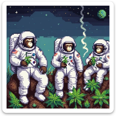 group of apes in astronaut suits floating in space smoking weed sticker