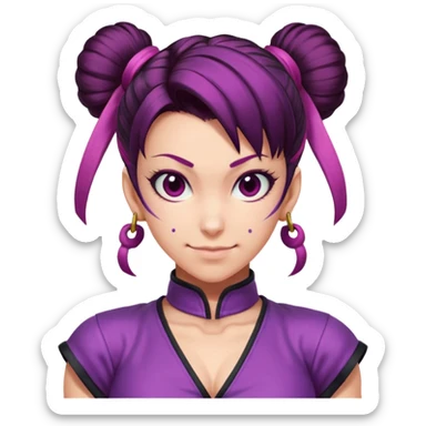 Juri from Street Fighter 6, close-up face, mischievous grin, signature hairstyle sticker