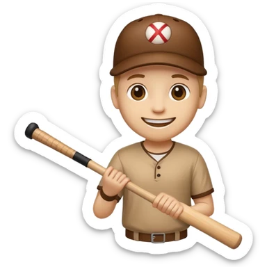Thick wooden stick with a smiling face holding a baseball bat. sticker